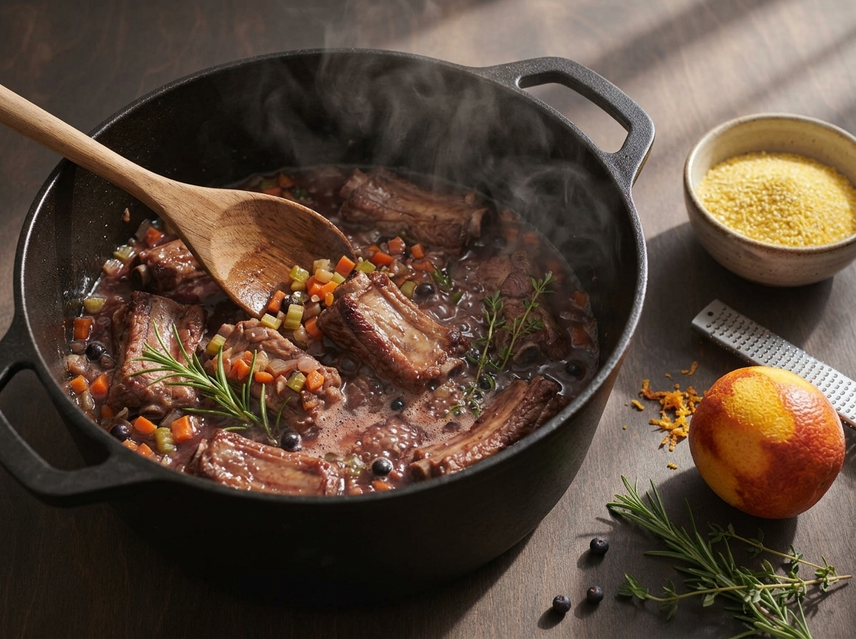 Pork ribs browning in a cast-iron pot beside softened onion, carrot, and celery soffritto with steam rising.