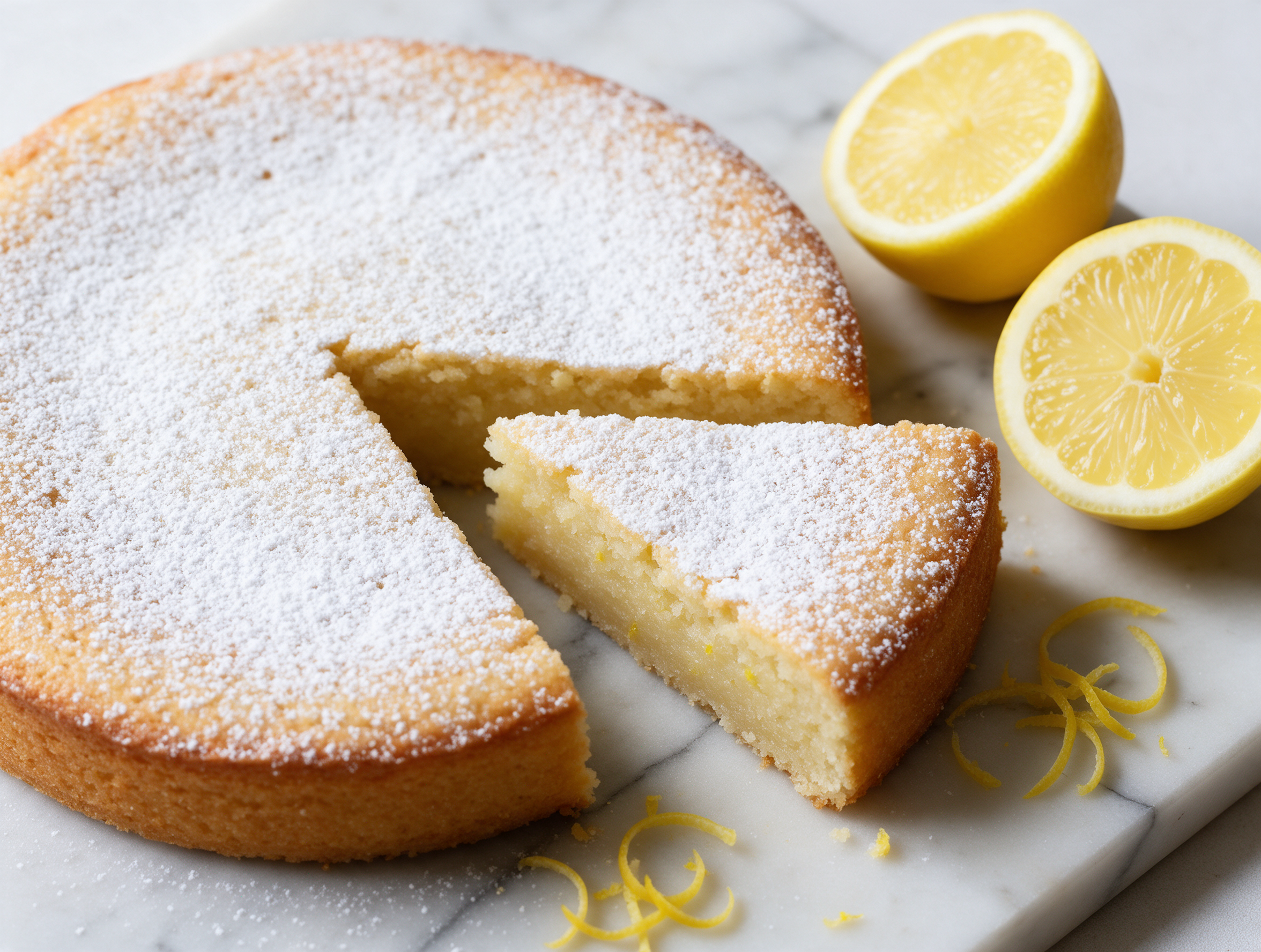 Whole torta caprese al limone dusted with powdered sugar on a marble board, one wedge cut to show a pale, dense crumb.