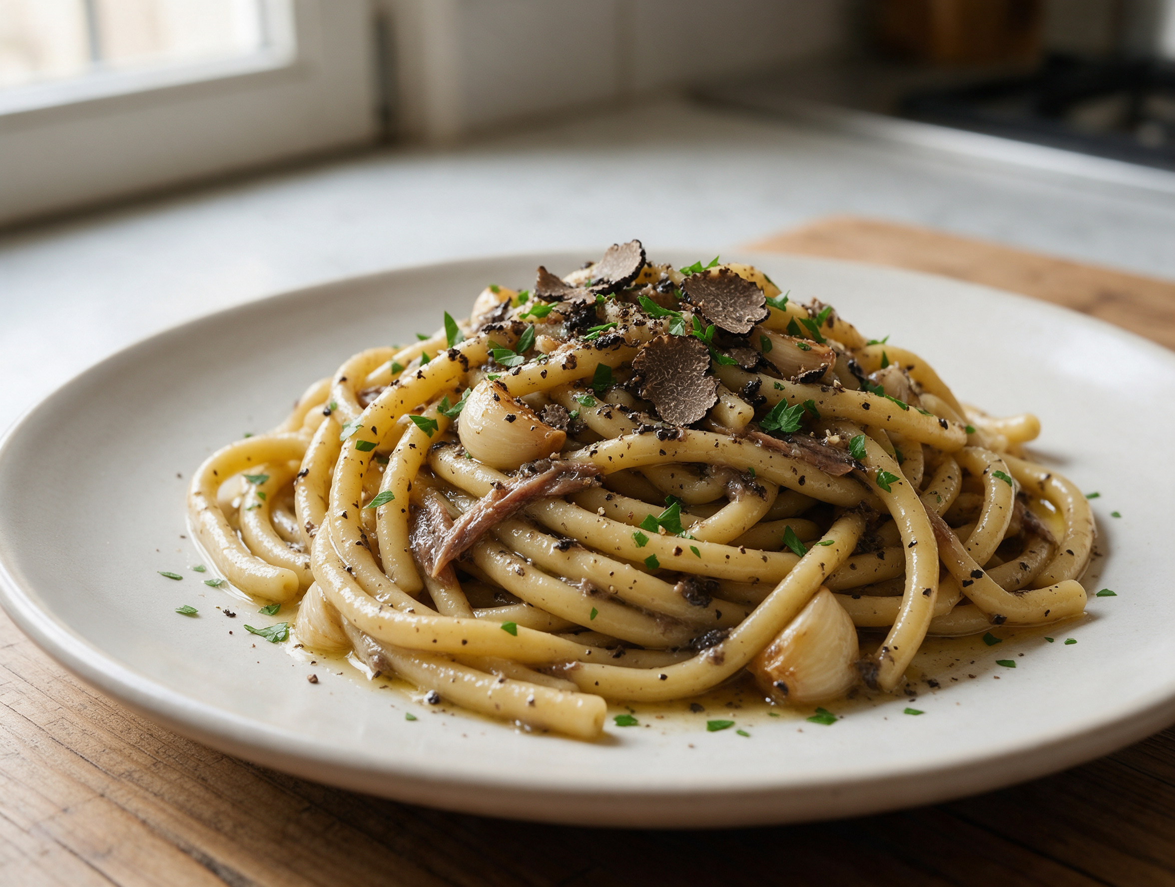 Overhead view of umbrichelli al tartufo with glossy butter sauce, fresh truffle shavings, and parsley on a pale ceramic plate.