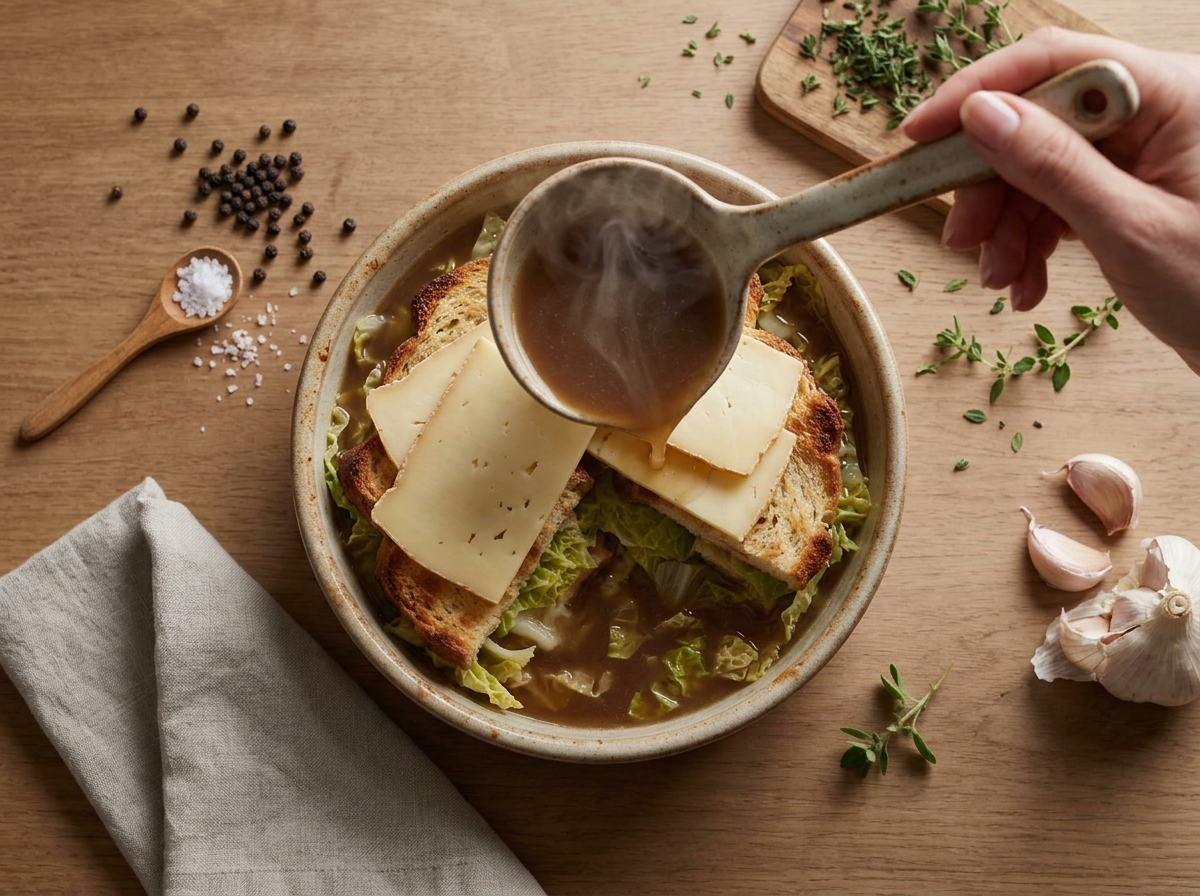 Hands ladling hot beef broth over layered toasted bread, savoy cabbage, and sliced fontina before baking