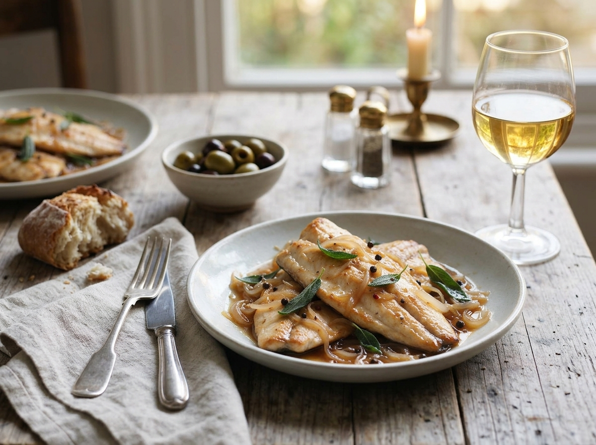 Table set with pesce in carpione, torn bread and a glass of white wine on a linen napkin in warm afternoon light