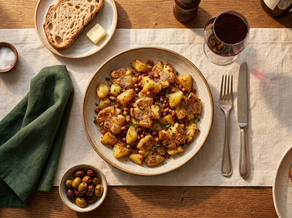 Wooden table scene with a skillet of pan-fried potatoes, linen napkin, fork, and a glass of red wine.