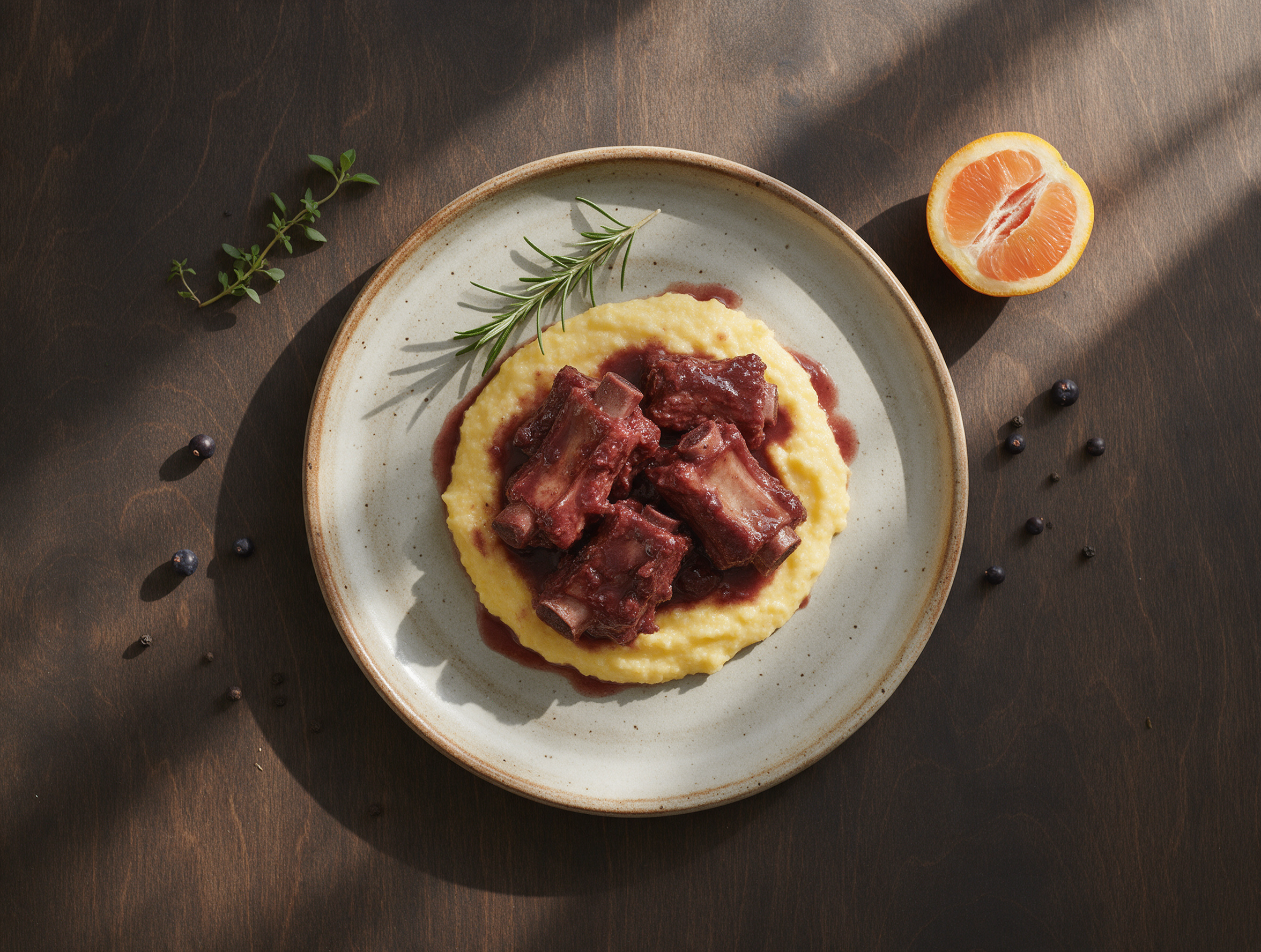 Glossy red wine braised pork ribs plated over soft polenta with a rosemary sprig on a rustic wood table.