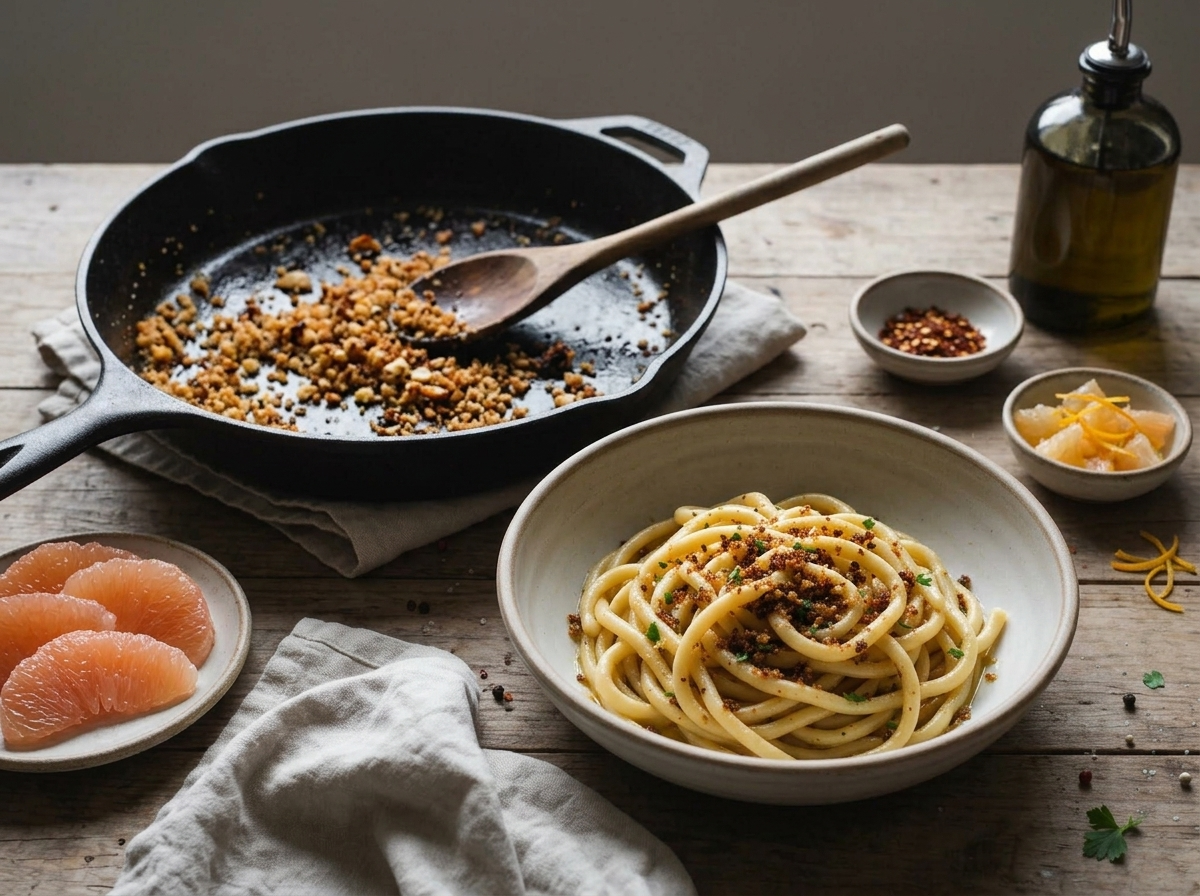 Coarse breadcrumbs being stirred with a wooden spoon in a cast iron skillet, turning deep golden brown in olive oil