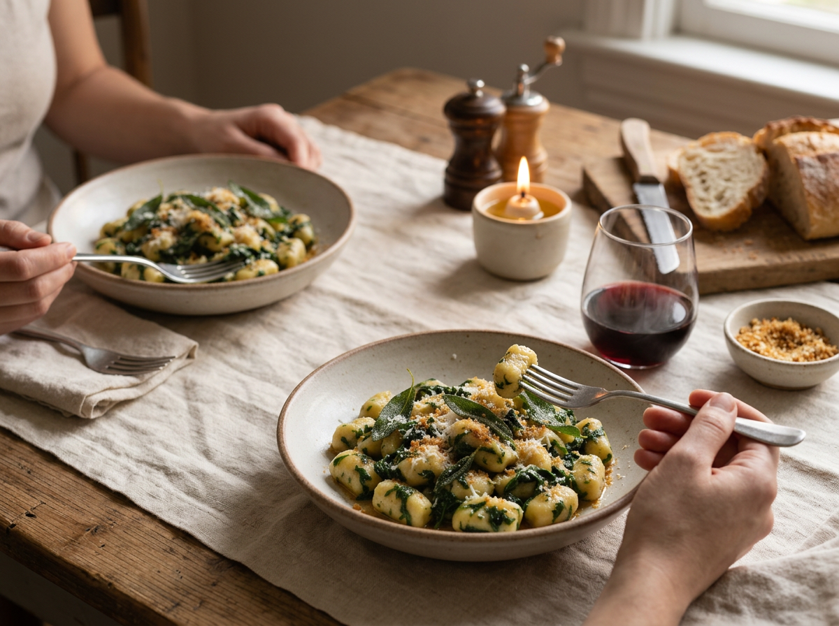 Two bowls of gnocchi on a wooden table with linen napkins, a glass of red wine, and a board of crusty bread.