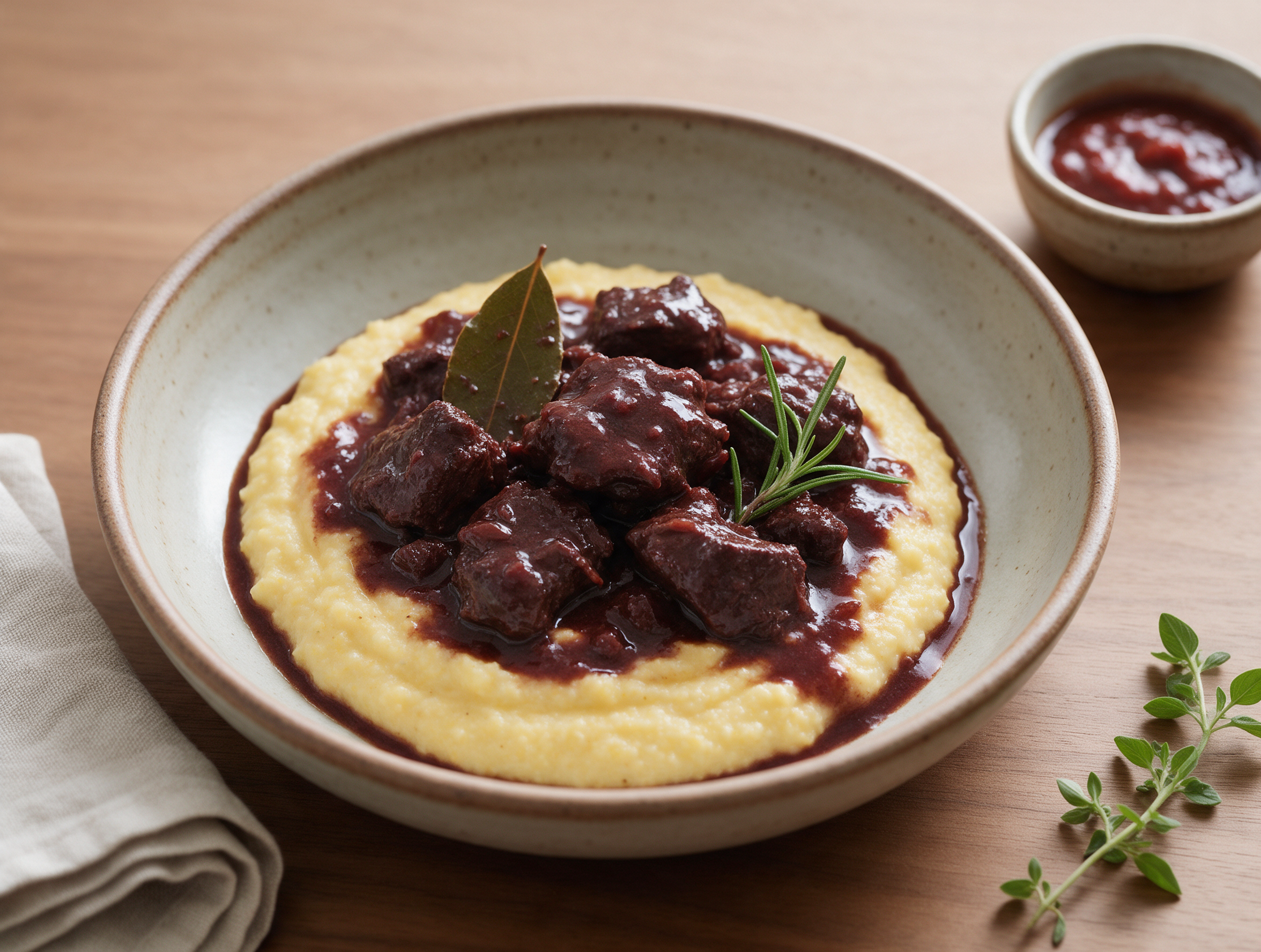 Dark venison stew in salmi sauce ladled over soft polenta in a rustic bowl, steam rising, wooden table.