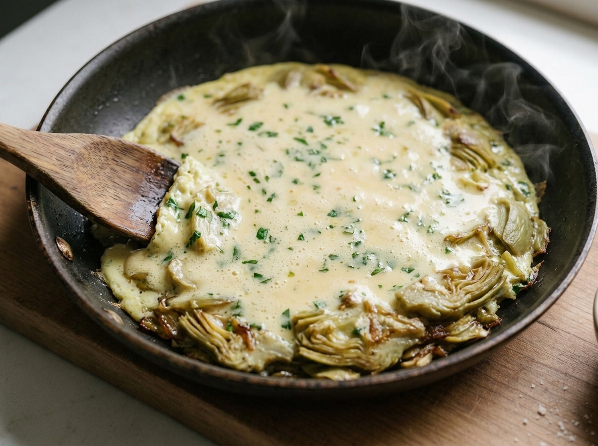 Egg mixture being poured over golden artichoke slices in a nonstick skillet on the stovetop