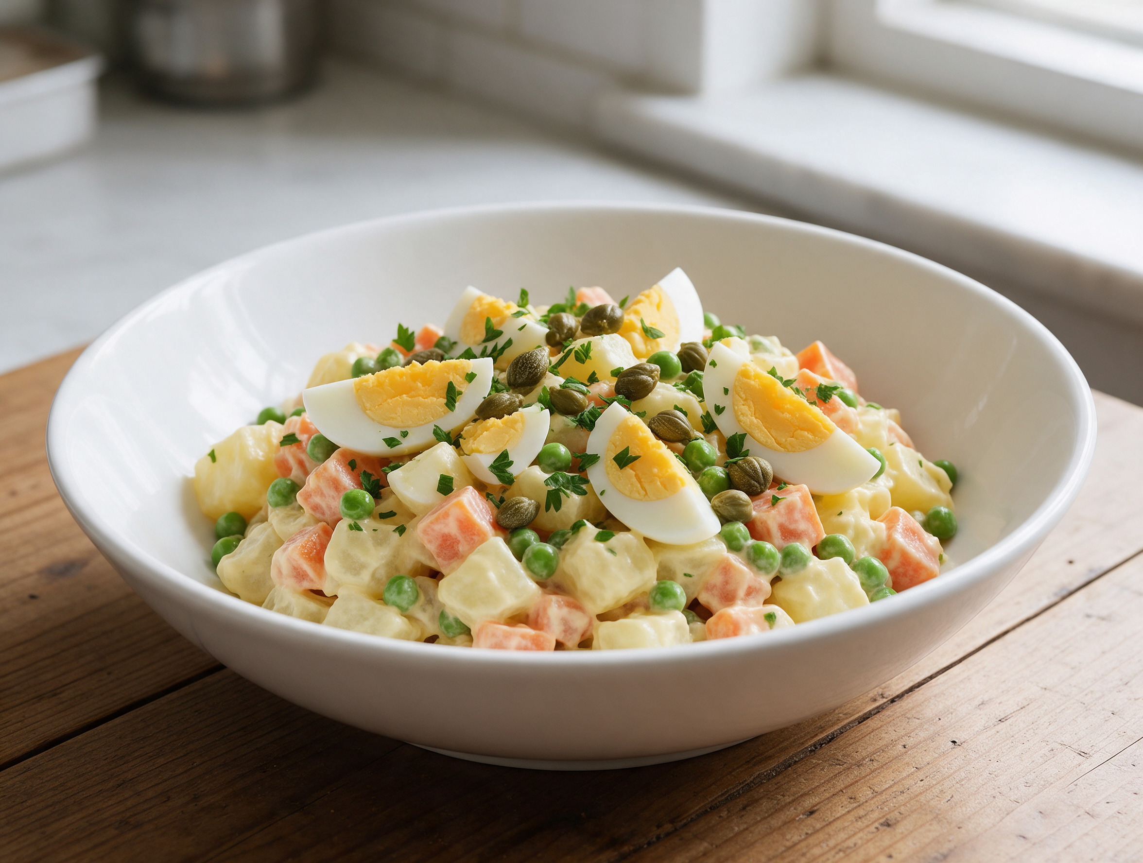 Overhead view of insalata russa in a white bowl, diced potato and carrot flecked with peas and topped with egg wedges.