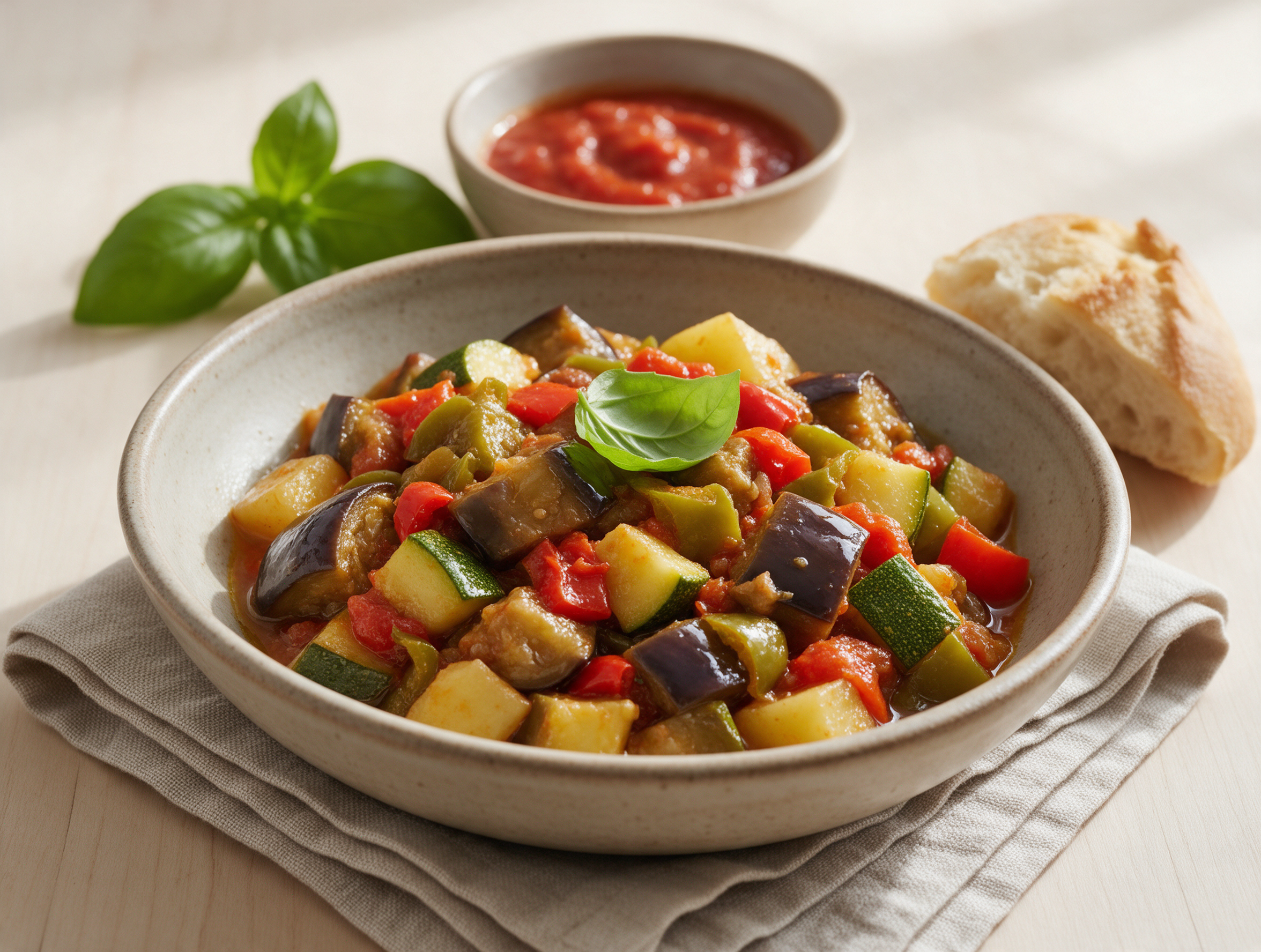 Ciambotta calabrese served in a ceramic bowl with eggplant, zucchini, pepper chunks, and a basil garnish