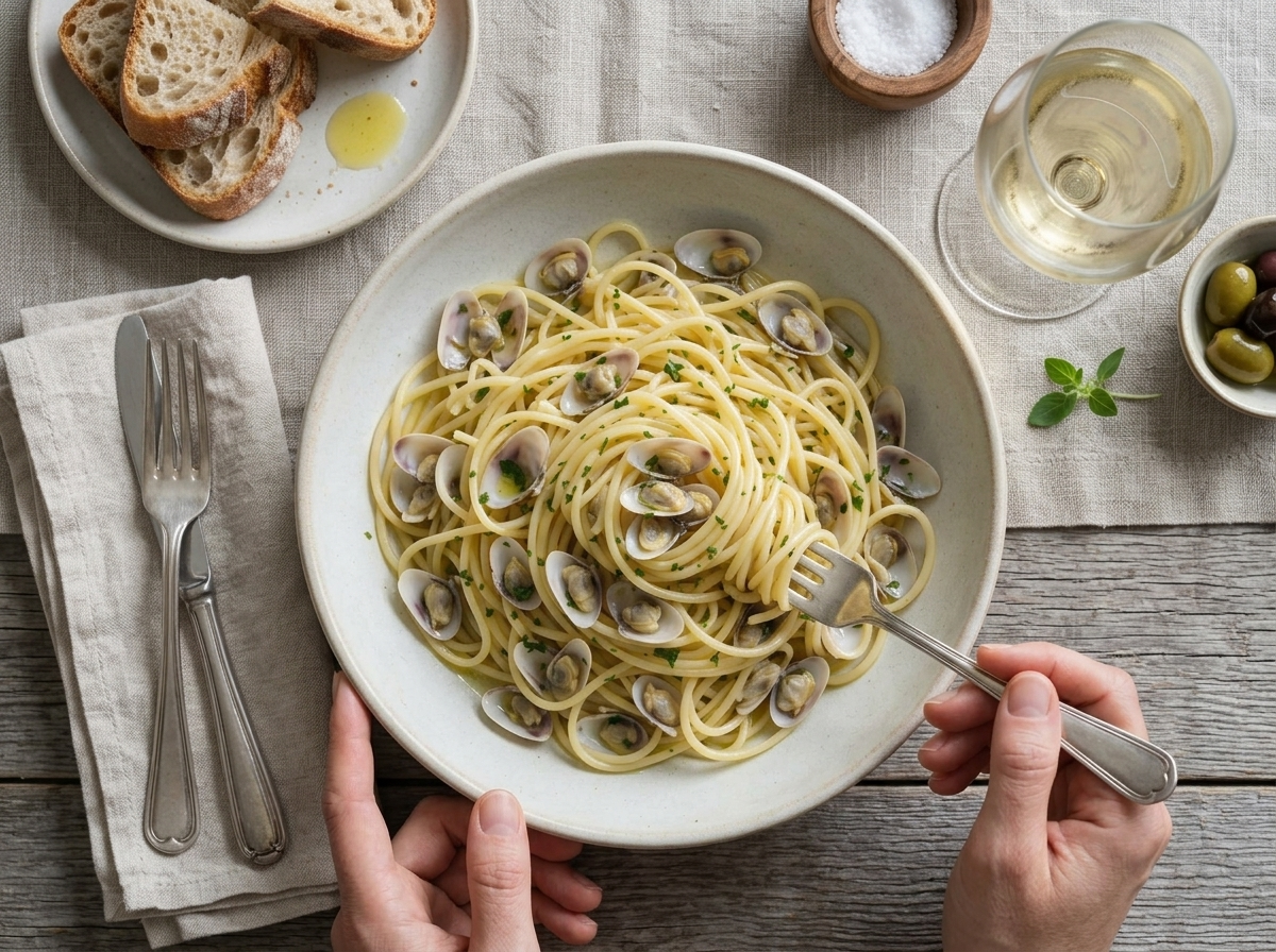Hands twirling clam spaghetti with a fork at a table set with linen napkin, white wine glass, and crusty bread