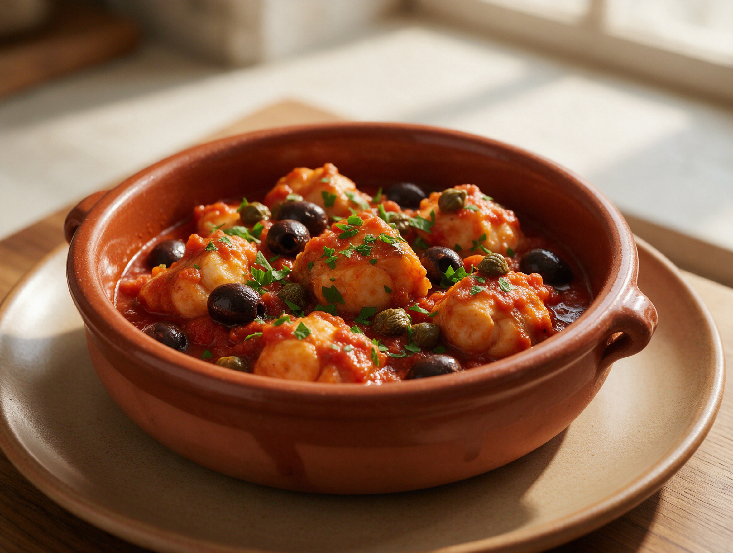 Overhead view of braised monkfish chunks in a deep tomato sauce with black olives and capers in a terracotta dish