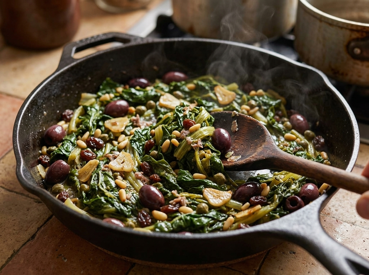 Braised escarole, olives, and capers simmering in a 12-inch skillet with garlic and anchovies dissolving into the oil.