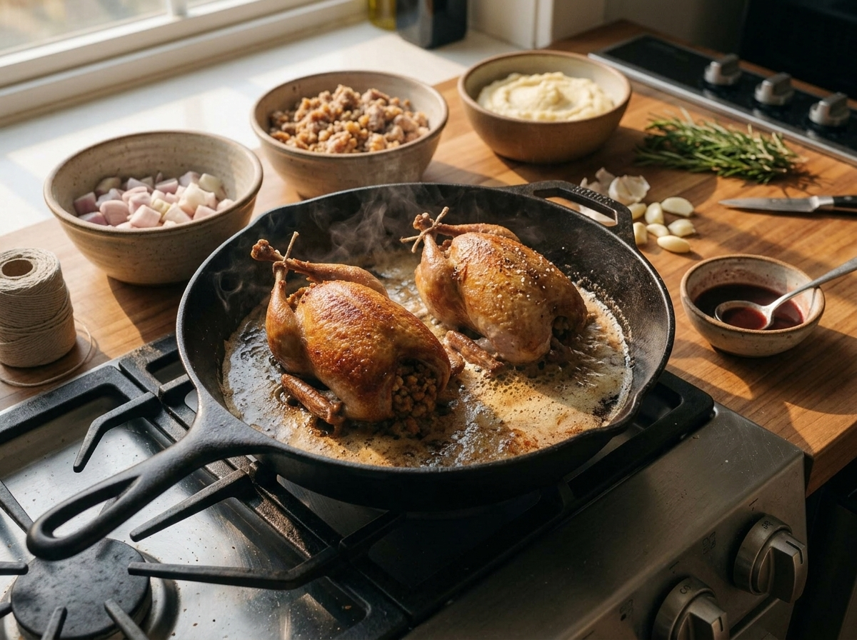 Two stuffed pigeons searing skin-side down in a cast-iron skillet with foaming butter and browning twine-tied legs.