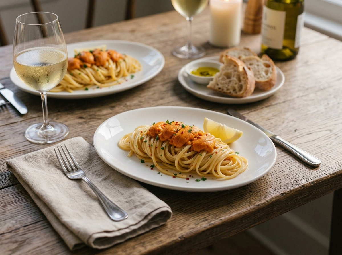 Table setting with two plates of sea urchin linguine, a glass of white wine, and a linen napkin under warm evening light.