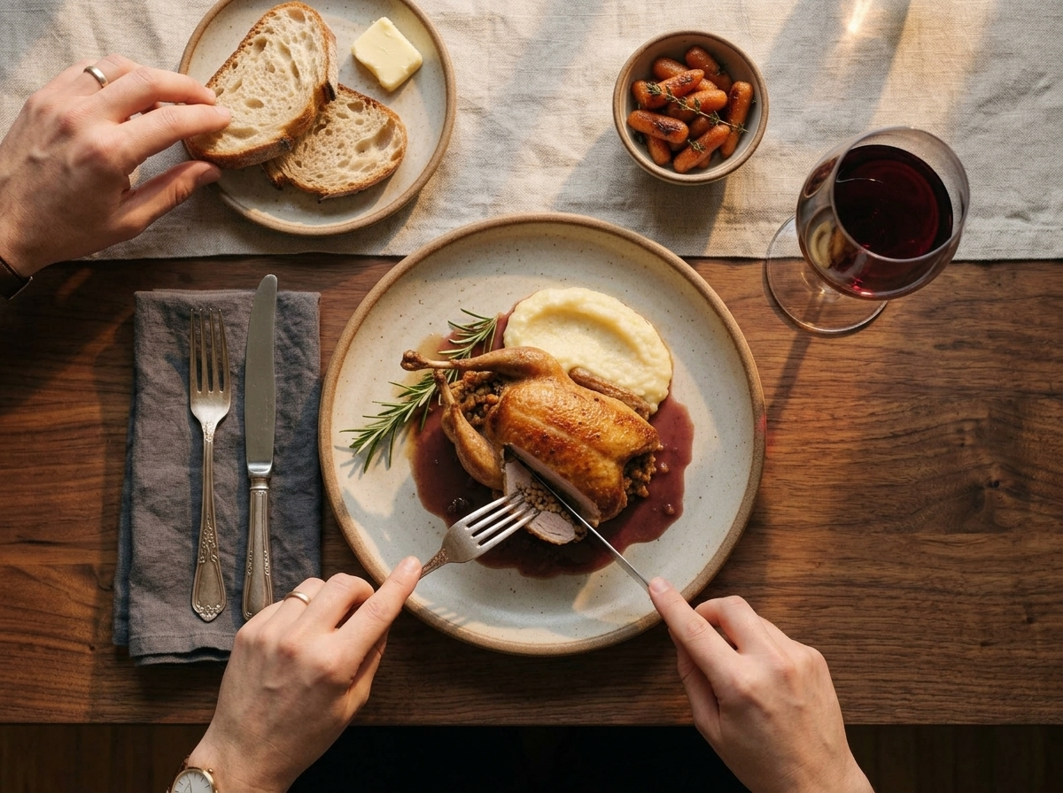 Carved stuffed pigeon on a rustic table with a glass of red wine, linen napkin, and a fork mid-bite.