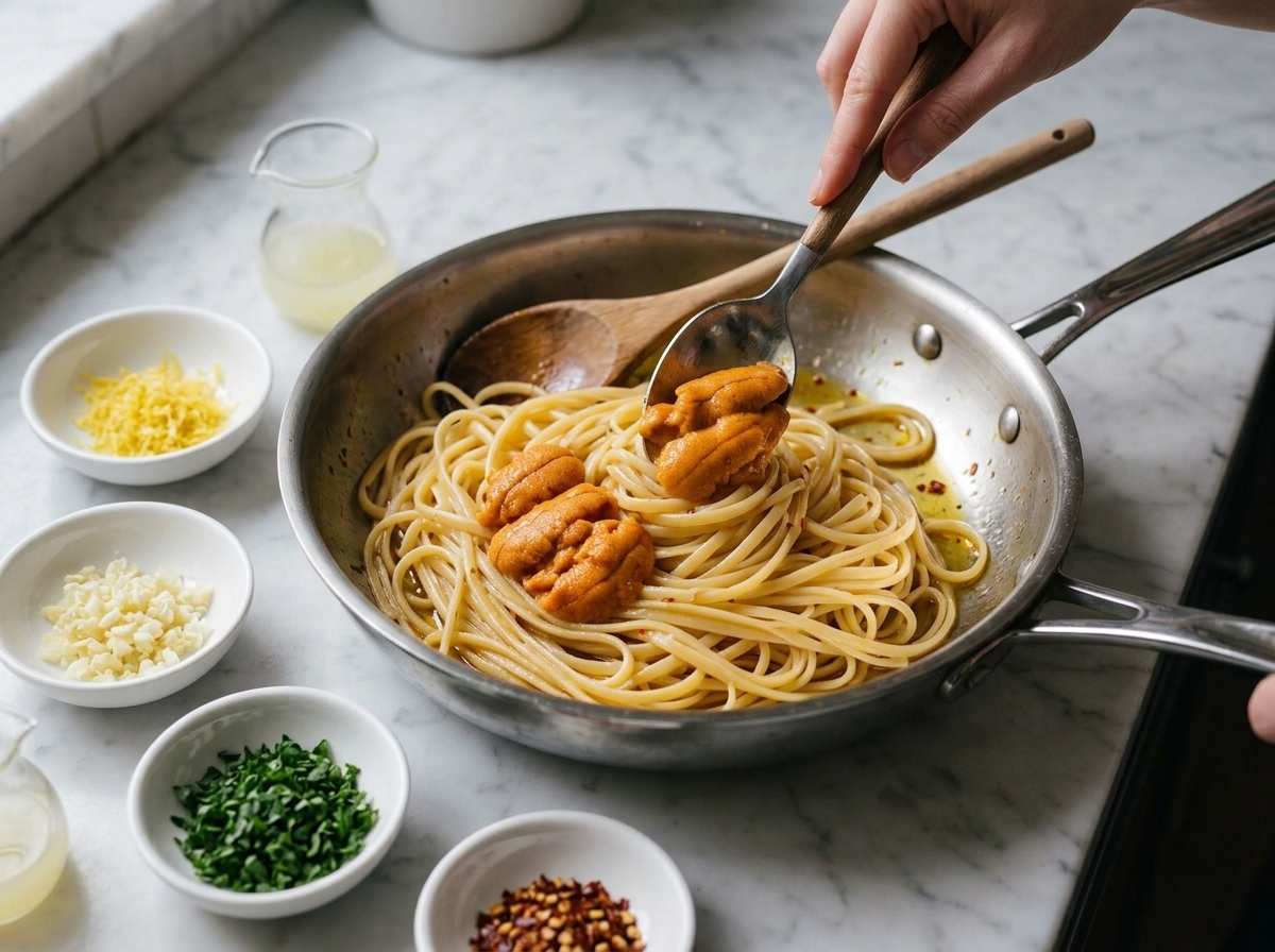 Cook folding raw sea urchin roe into hot linguine in a stainless skillet pulled off the burner, chili flakes visible in the oil.