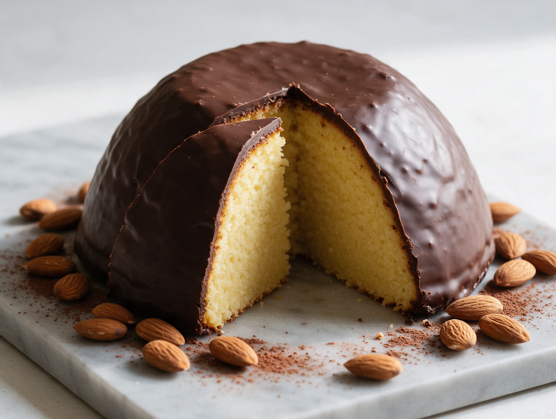Sliced parrozzo abruzzese on a marble board, dark chocolate shell cracked open to reveal pale yellow almond crumb inside.