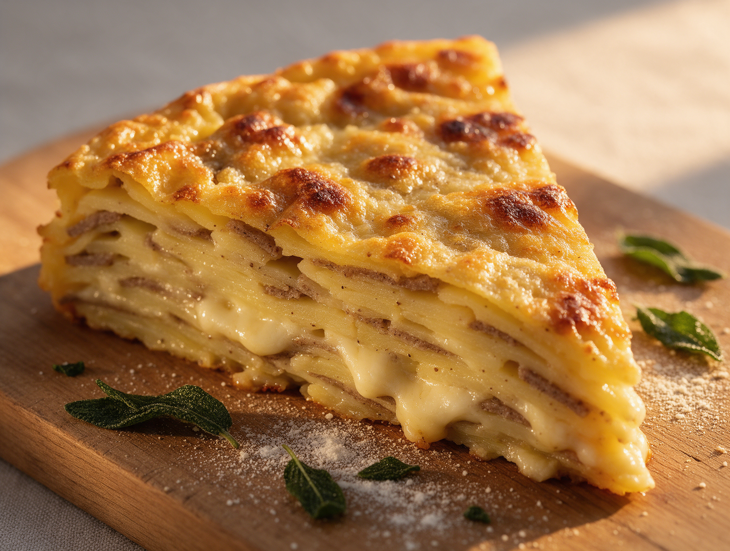Golden wedge of Cotizza di Berbenno di Valtellina on a wooden board with melted cheese pockets and scattered sage