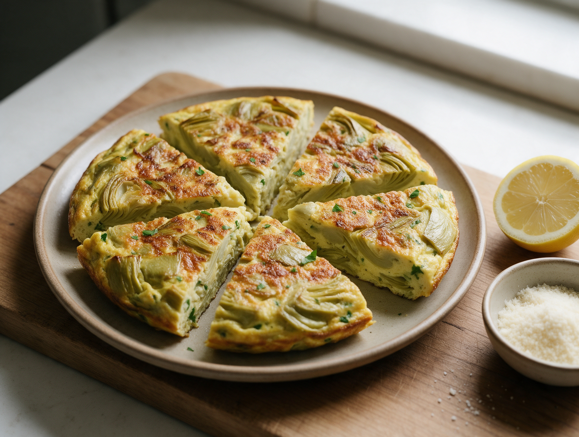 Sliced frittata di carciofi on a wooden board with pale artichoke layers visible and a lemon half beside it