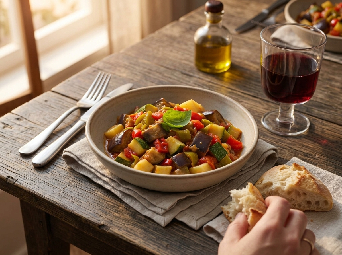 Rustic table scene with a bowl of ciambotta calabrese, crusty bread, linen napkin, and a glass of red wine in warm light