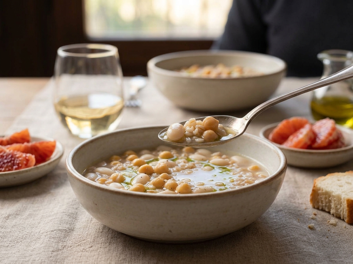 Two linen-set bowls of mesciua soup with torn bread and a glass of white wine on a table lit by afternoon window light