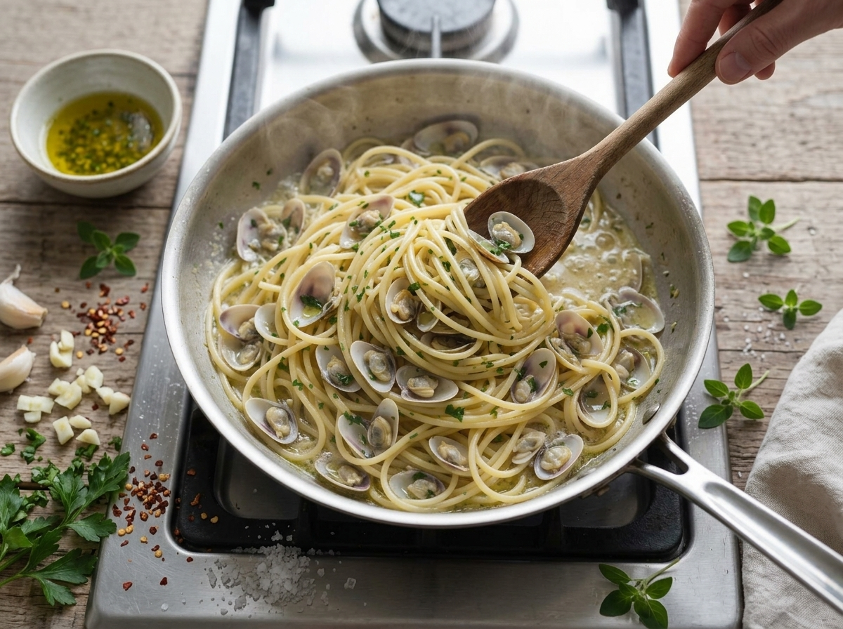Wedge clams steaming open in a garlic and white wine broth in a stainless skillet, steam rising over the stovetop