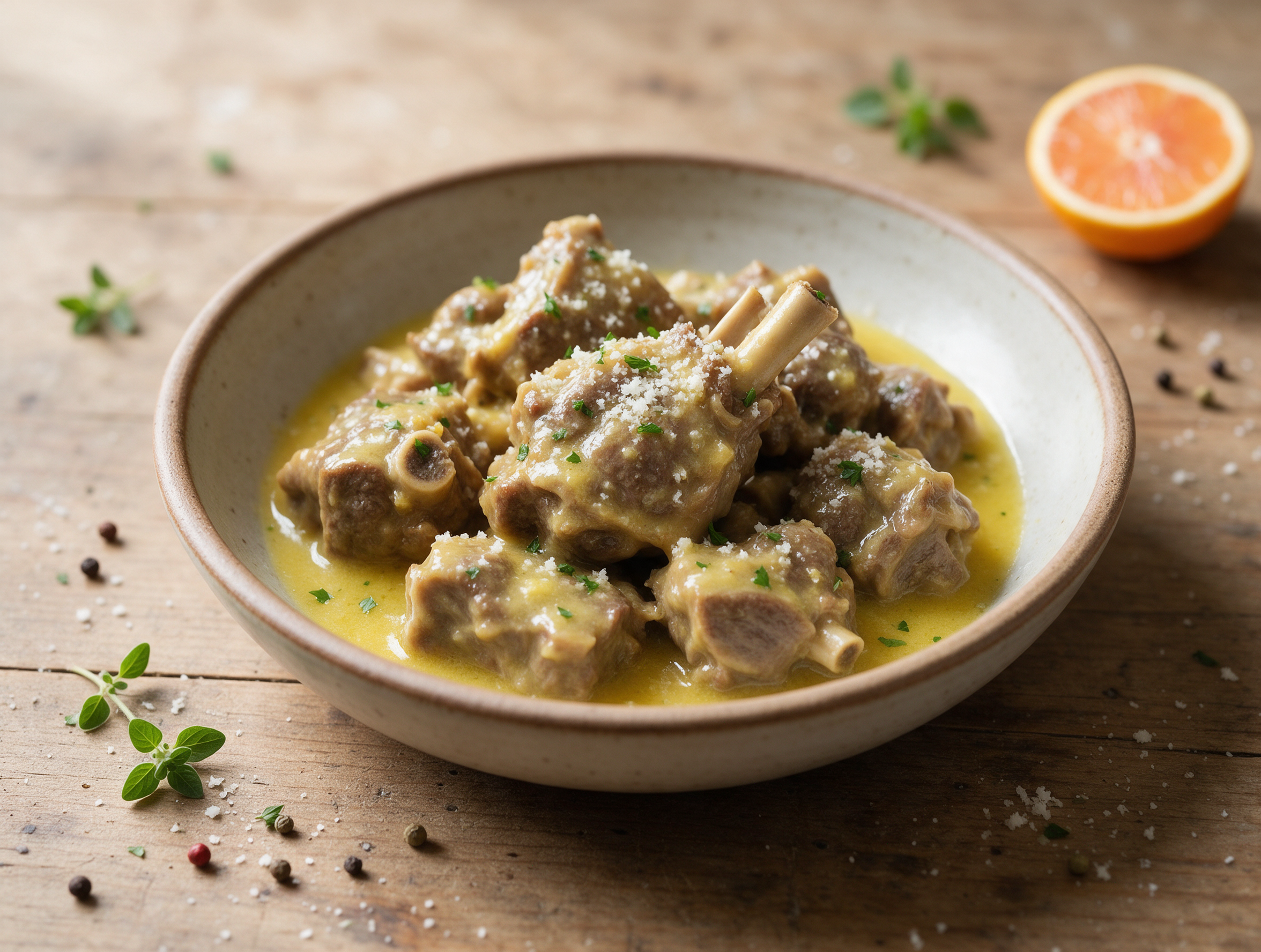 Bowl of agnello brodettato with bone-in lamb chunks in a pale egg-lemon sauce, topped with parsley on a wooden table