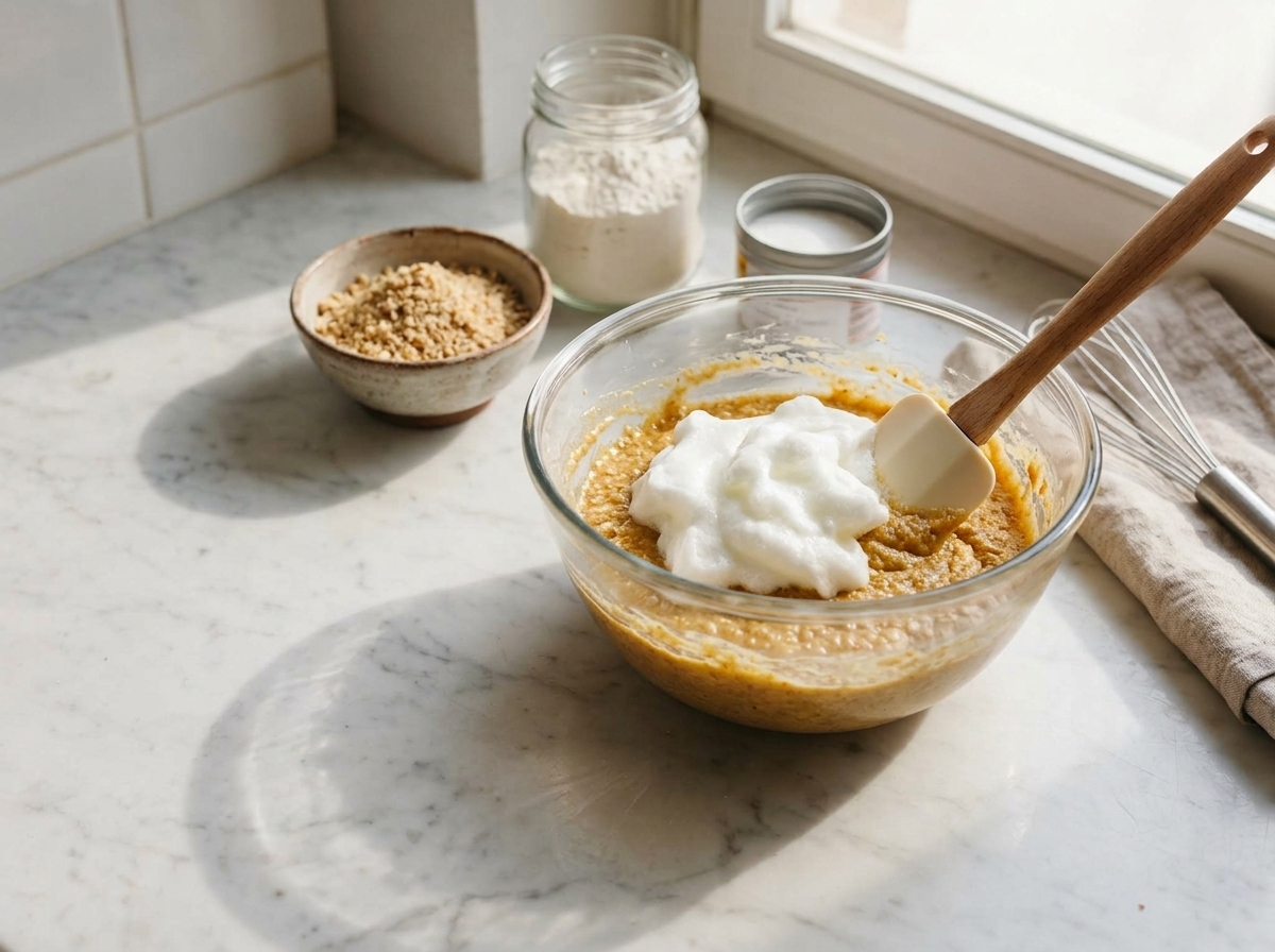 Cook folding whipped egg whites into ground toasted hazelnut batter in a glass bowl using a rubber spatula