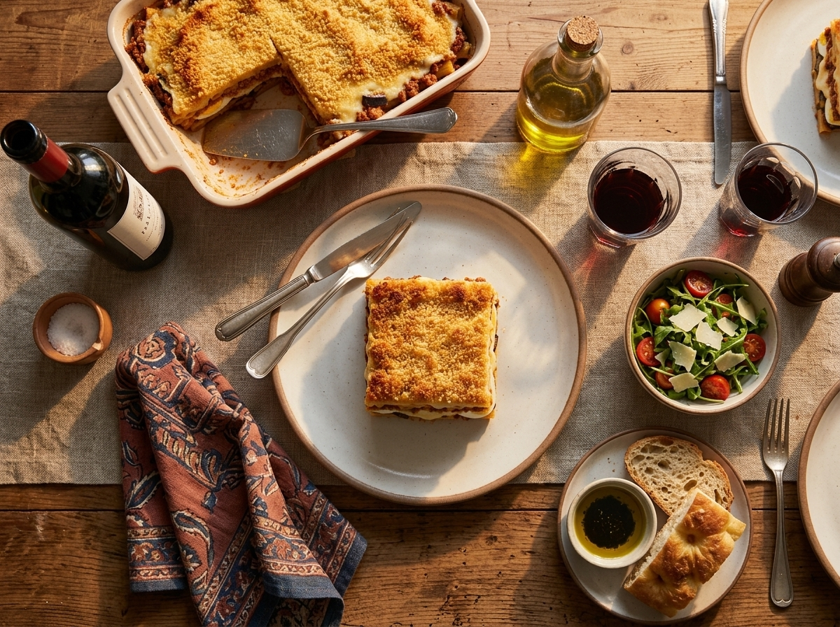 A family table set with a baking dish of pasta ncasciata, red wine, and crusty bread under warm light.