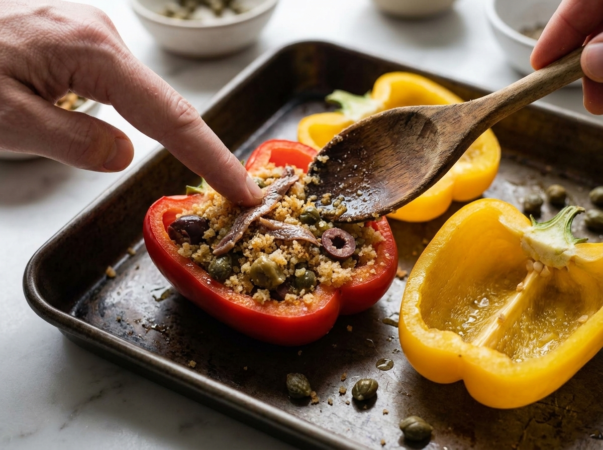 Hands pressing a caper and olive breadcrumb mixture into halved red and yellow peppers before baking.