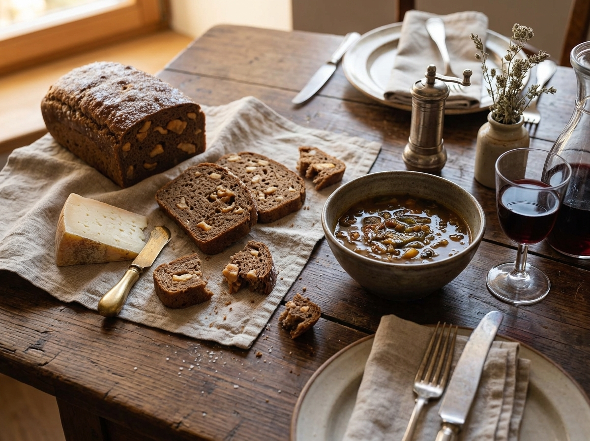 Torn wedges of rustic bread on a linen napkin next to a glass of red wine and a bowl of soup