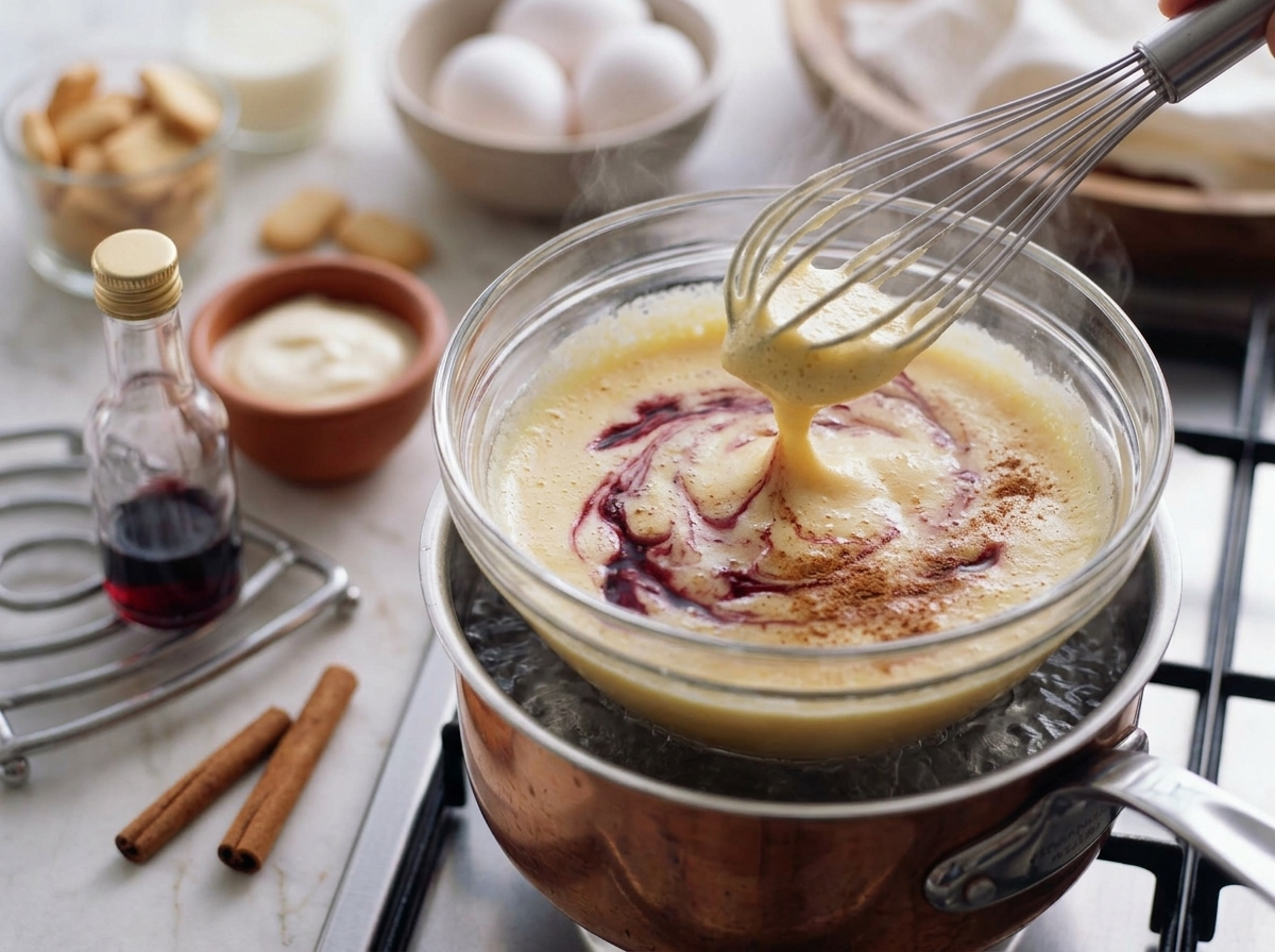 Whisk lifting foamy custard from a heatproof bowl set over a simmering saucepan, steam rising during the double boiler stage.