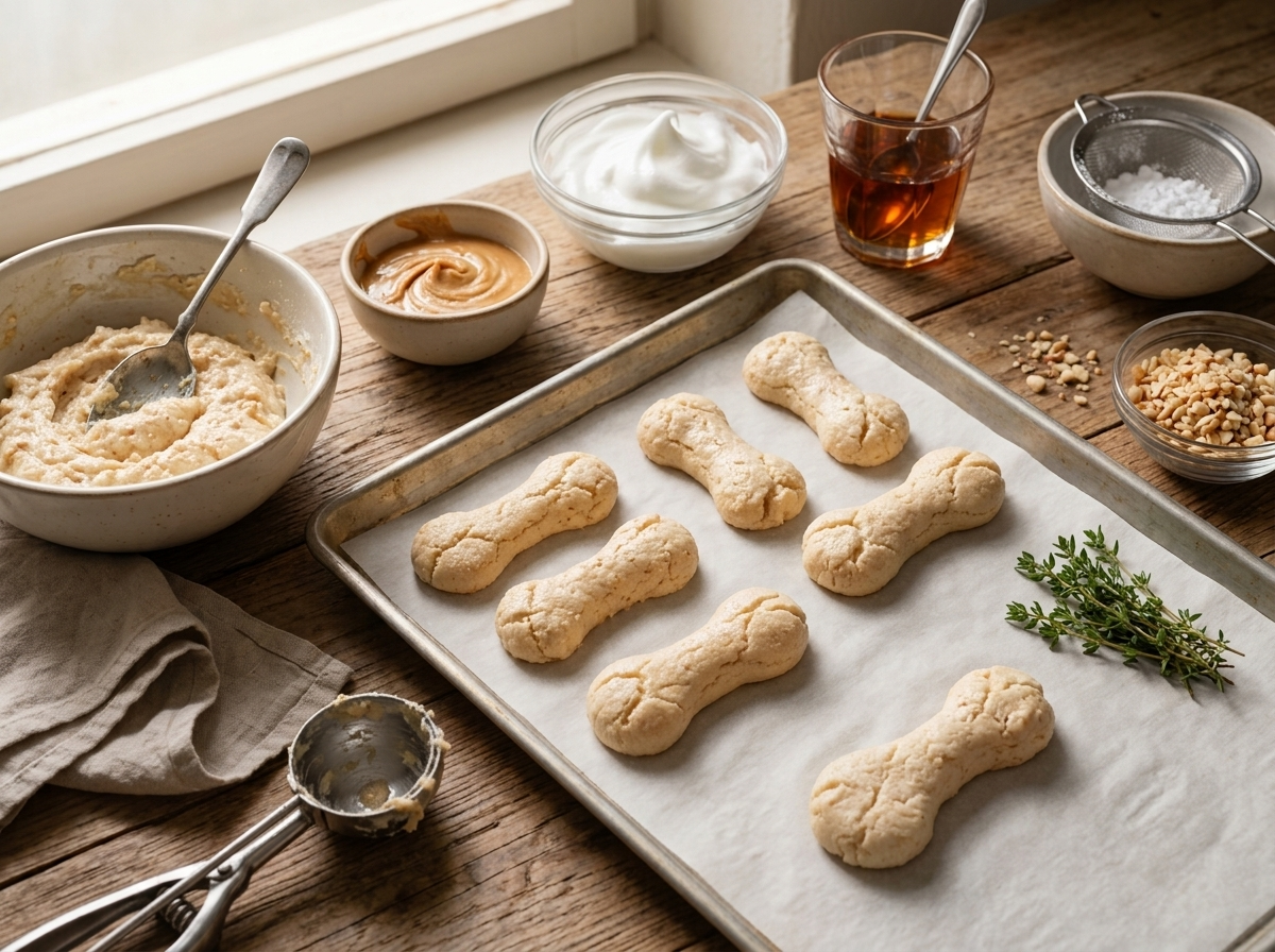 Hands shaping sticky almond meringue dough into knobby bone shapes on a parchment-lined baking sheet.