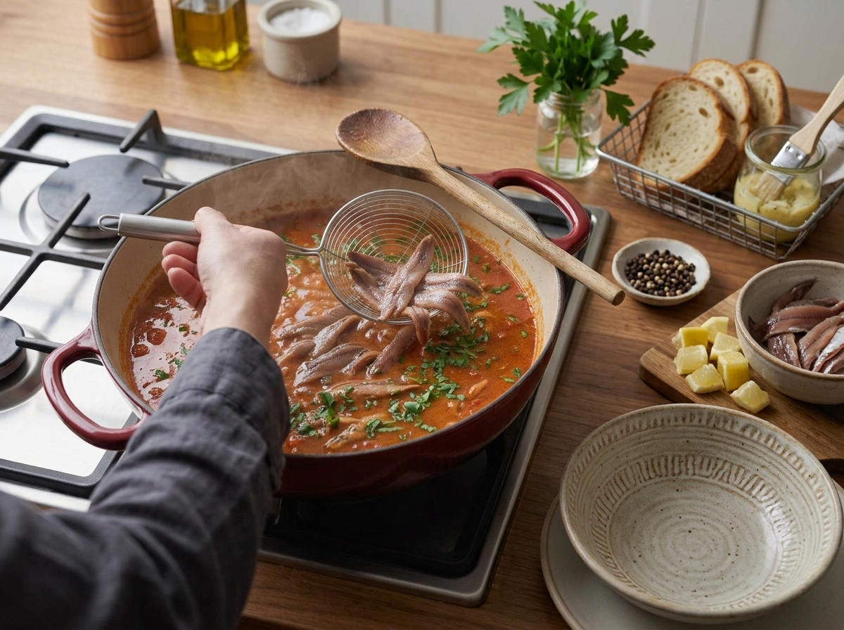 Fresh anchovies simmering in a garlicky tomato-wine broth inside a Dutch oven, steam rising off the pot.