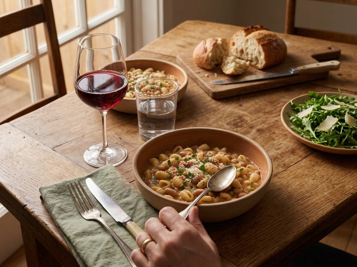 Two rustic bowls of the stew set for dinner with crusty bread, red wine and a linen napkin