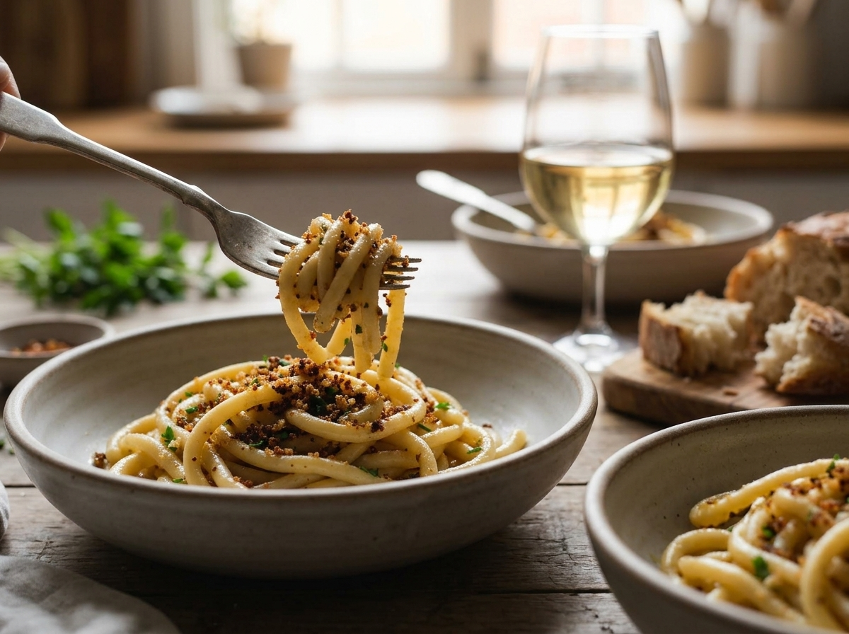 Two rustic bowls of pici alle briciole on a wooden table beside a glass of white wine and torn bread