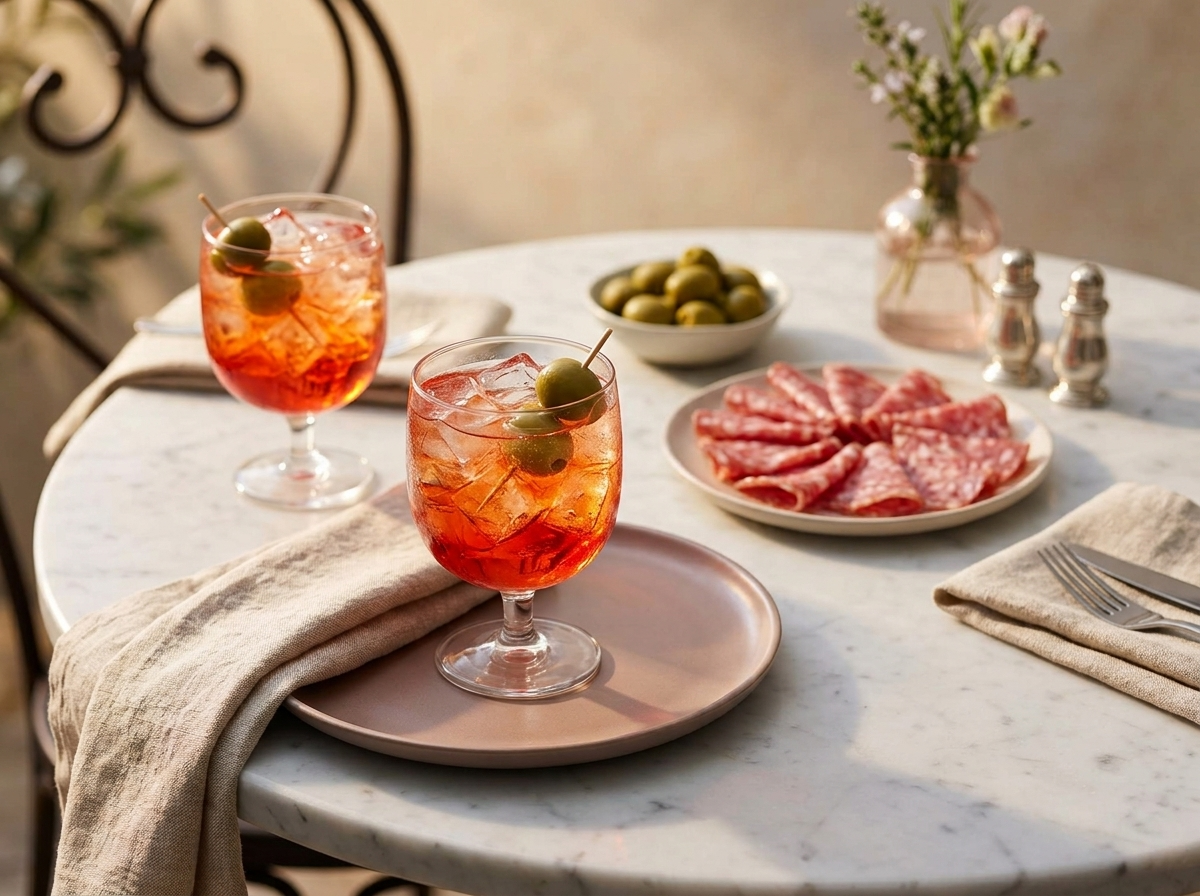 Two glasses of Pirlo bresciano on an outdoor cafe table with olives and salami during golden hour