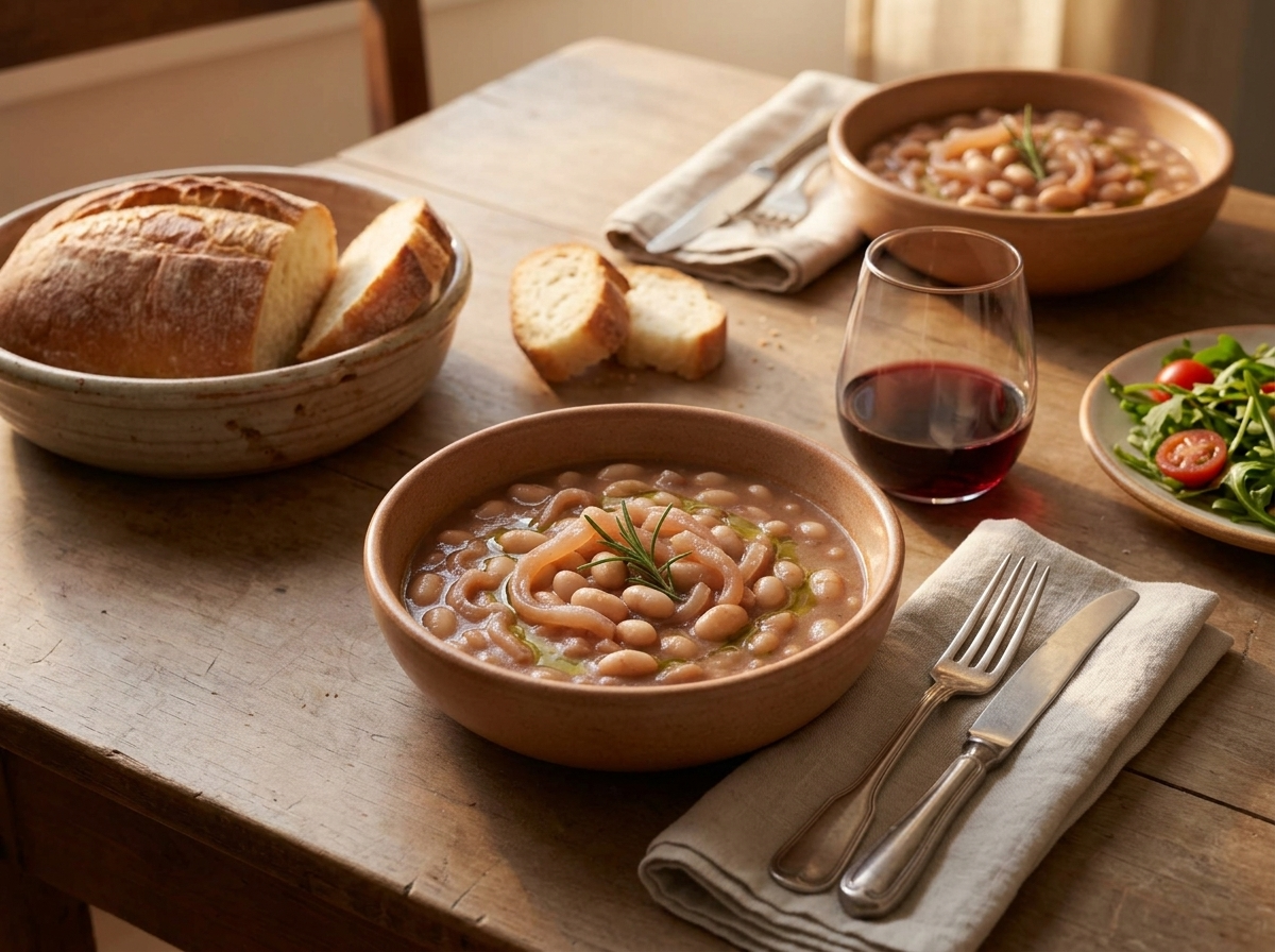 Two rustic bowls of pork rind bean stew with crusty bread and a glass of red wine on a linen-topped table