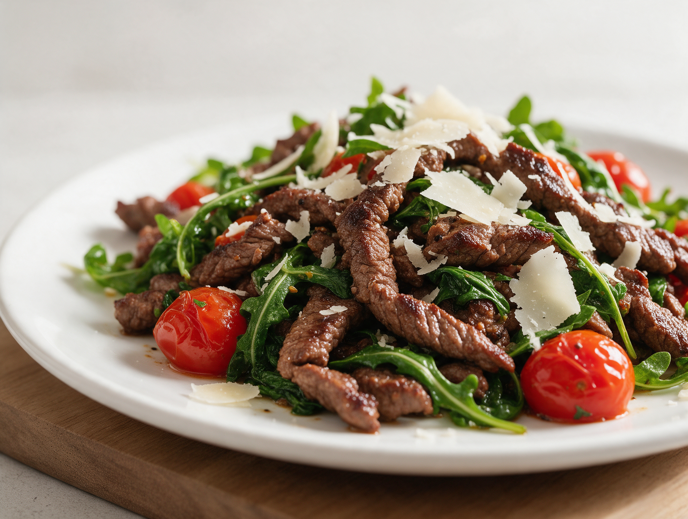 Seared beef straccetti piled with wilted arugula, blistered cherry tomatoes, and shaved Parmesan on a white plate