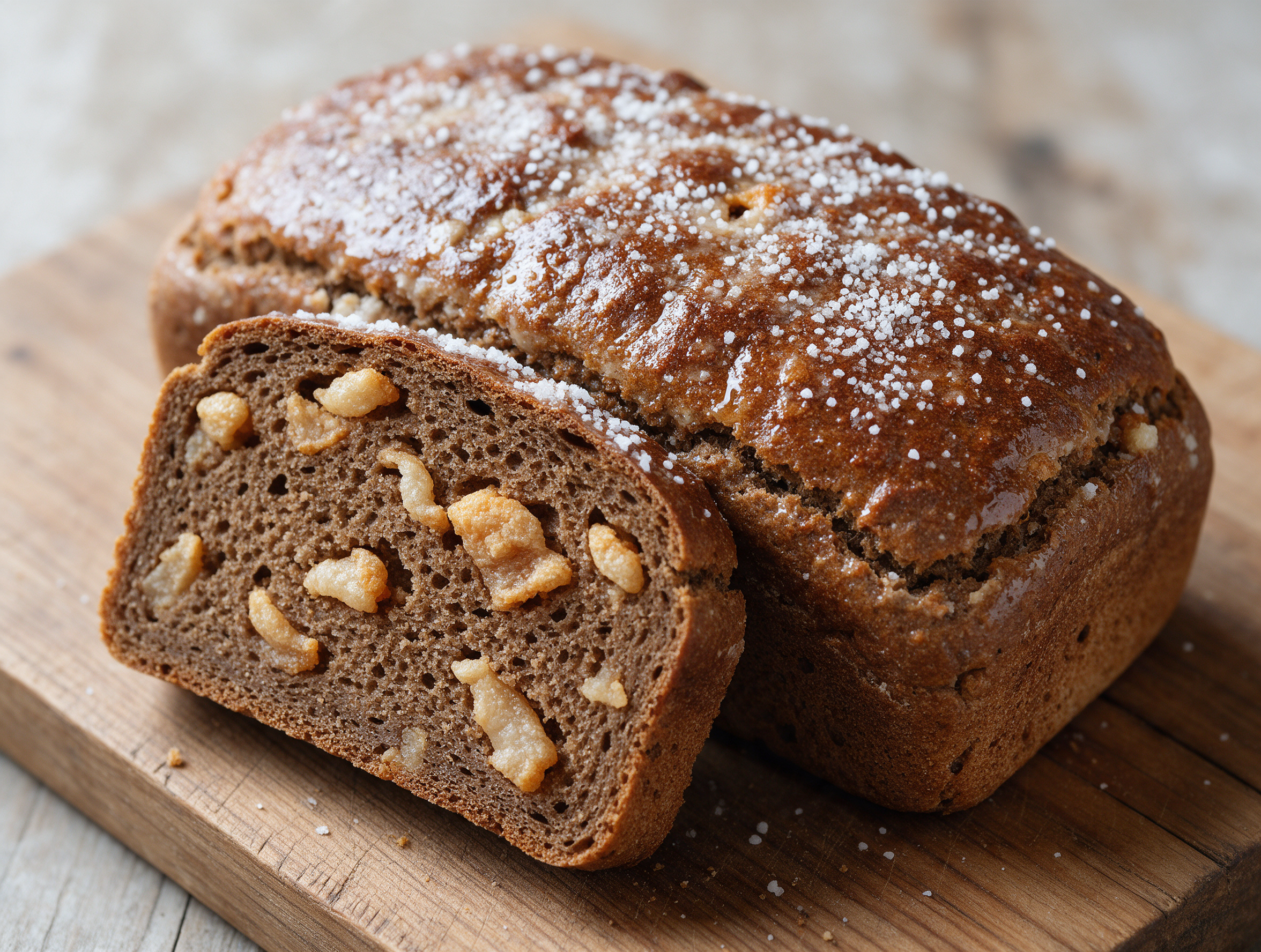 Sliced rye bread with visible pork crackling pockets and a dark golden crust resting on a rustic wooden board