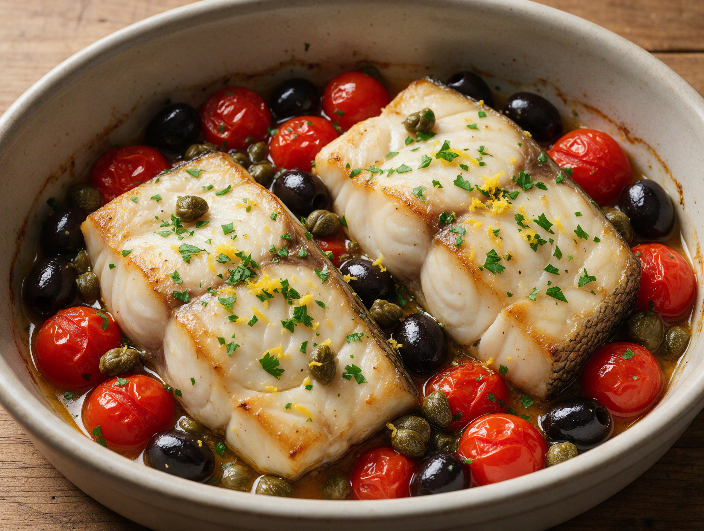 Baked grouper fillet topped with blistered cherry tomatoes, olives, and capers in a ceramic dish with golden pan juices