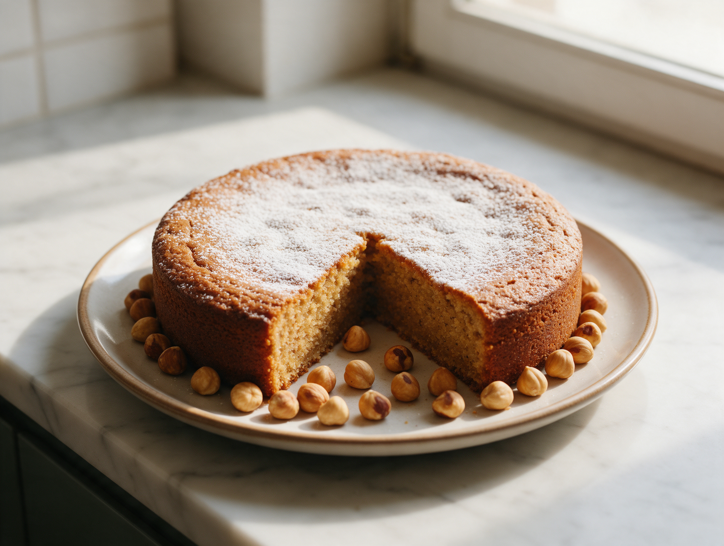 Golden torta di nocciole piemontese dusted with powdered sugar, sliced open on a marble board to show its dense nutty crumb