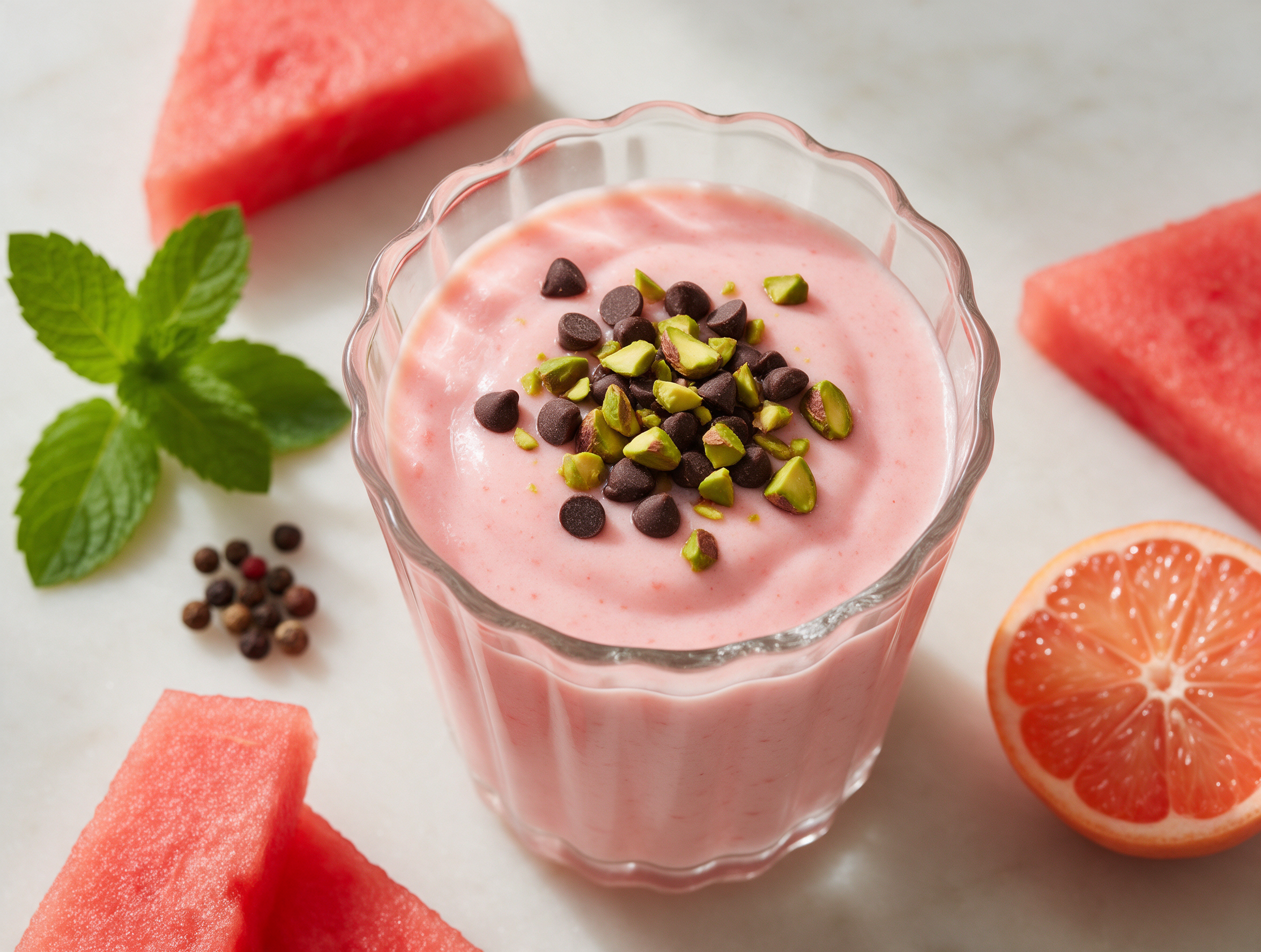 Glass cup of pale pink Sicilian watermelon pudding topped with chocolate chips and chopped pistachios on a marble counter