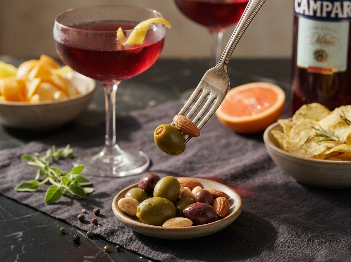 Two Cardinale cocktails on a linen-topped table with olives and almonds nearby, warm evening light through a window.
