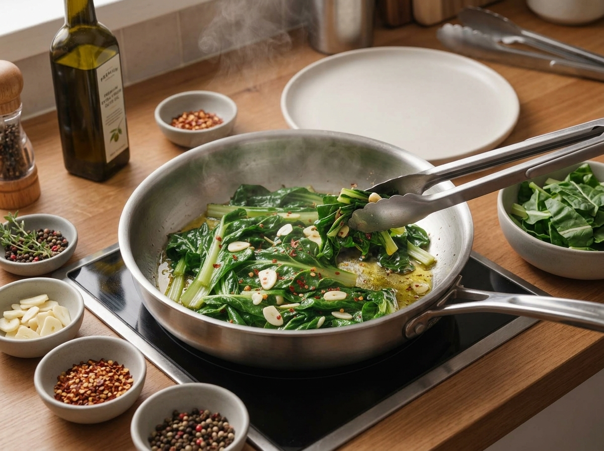 Overhead view of chopped chard tossed with sliced garlic and chili flakes sizzling in olive oil in a stainless skillet