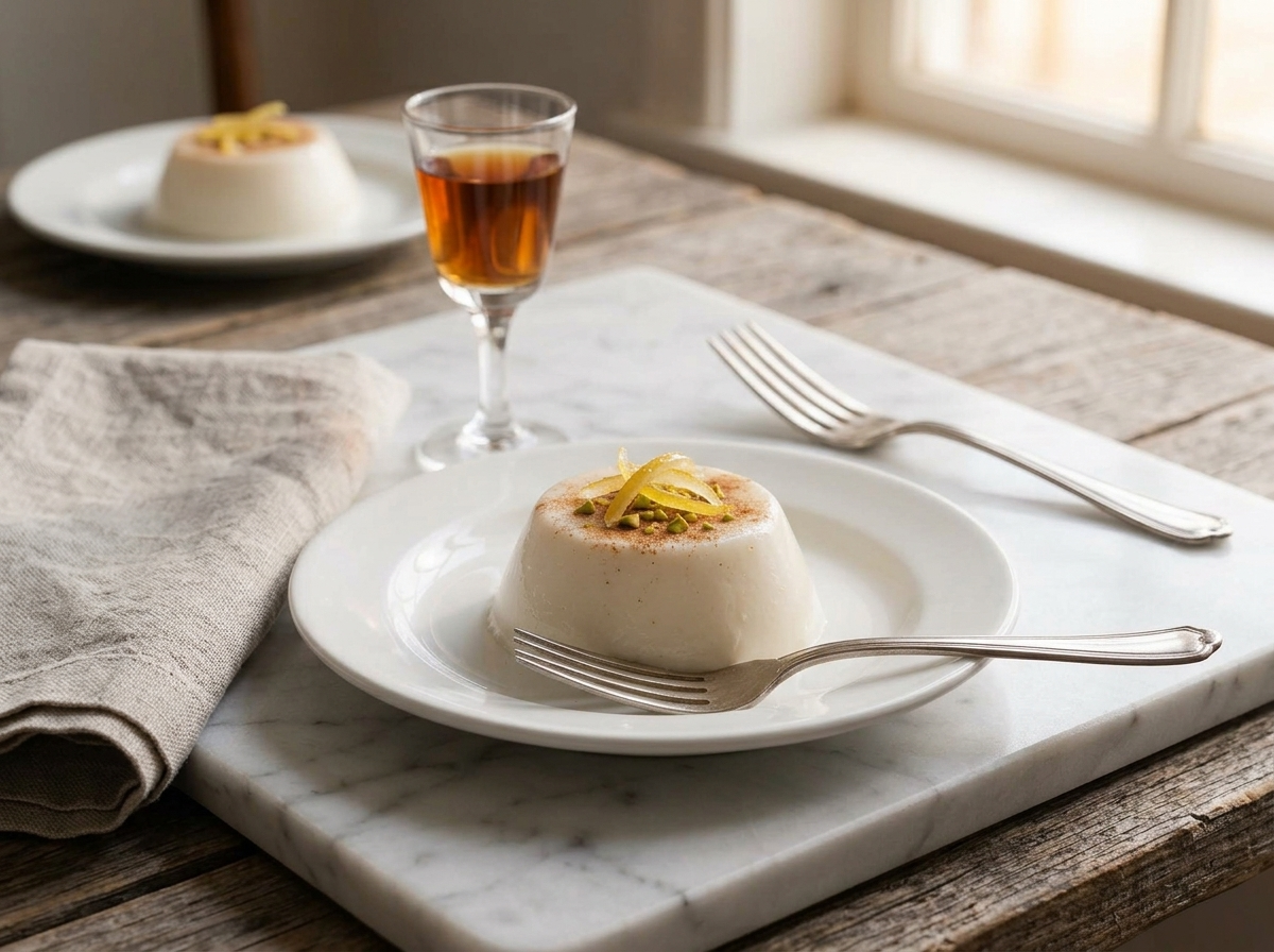 Two small plates of chilled almond pudding on a wood table with linen napkin and a glass of Marsala wine