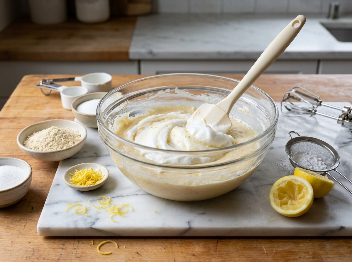 Folding whipped egg whites into almond-lemon cake batter in a glass bowl with a rubber spatula, streaks of white still visible.