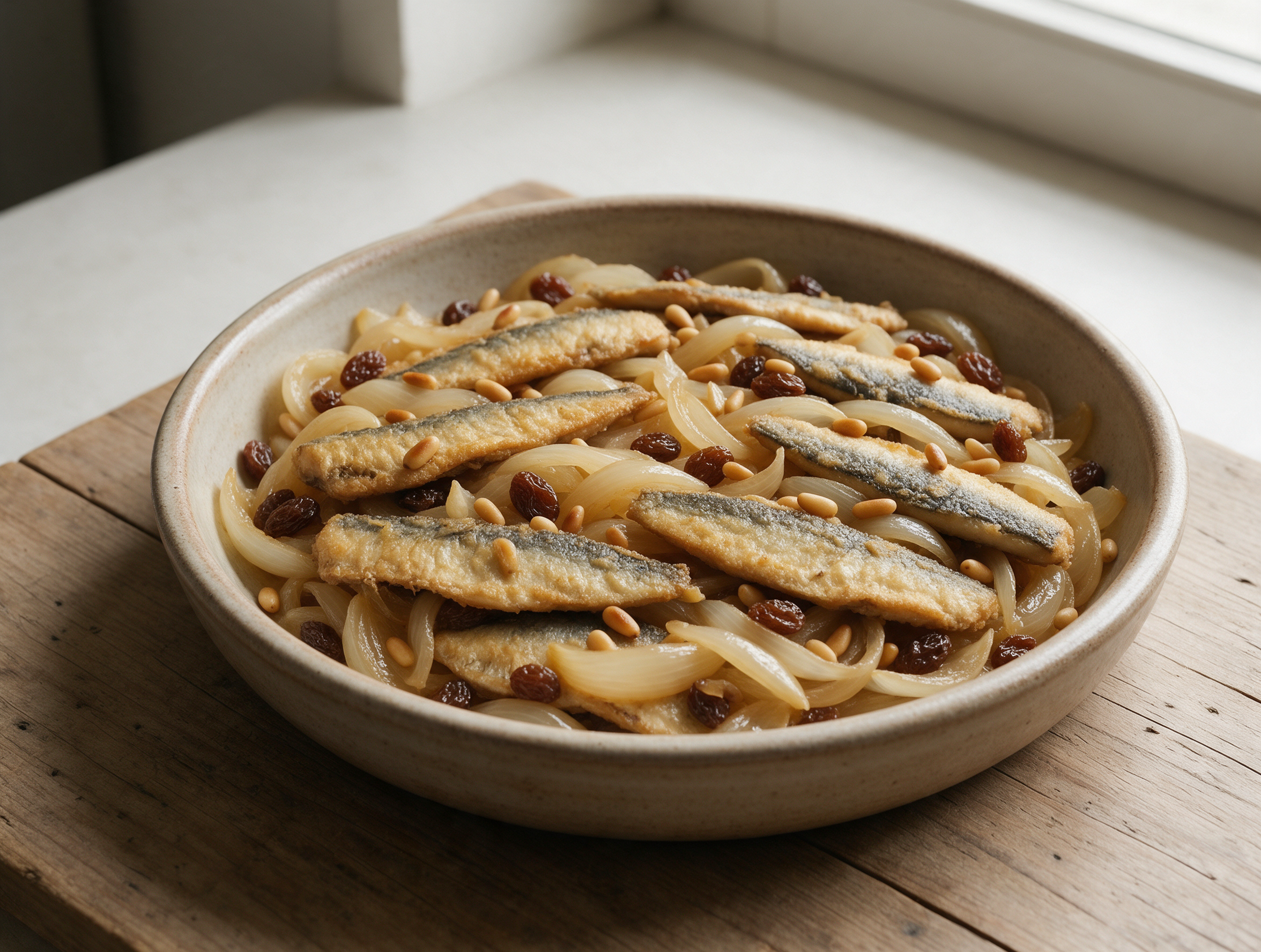 Overhead shot of sarde in saor in a ceramic dish, golden onions, dark raisins, and pine nuts glistening under soft light