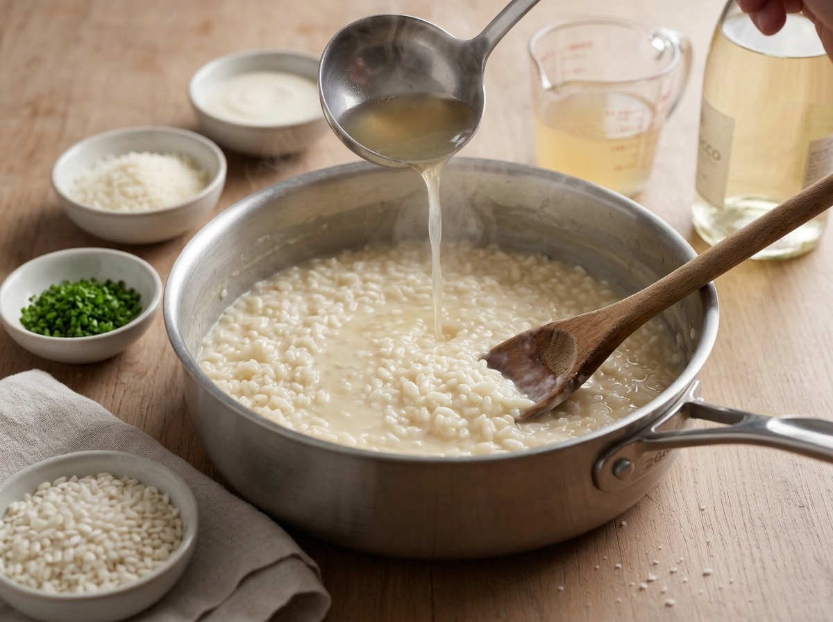 Wooden spoon stirring pale risotto in a steel saucepan as hot stock is ladled in, steam rising over the stove