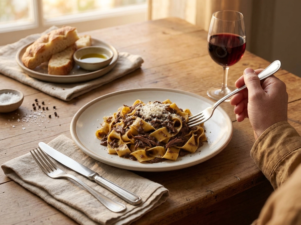 Rustic table set with a bowl of pappardelle alla lepre, a glass of Chianti, linen napkin and crusty bread nearby.